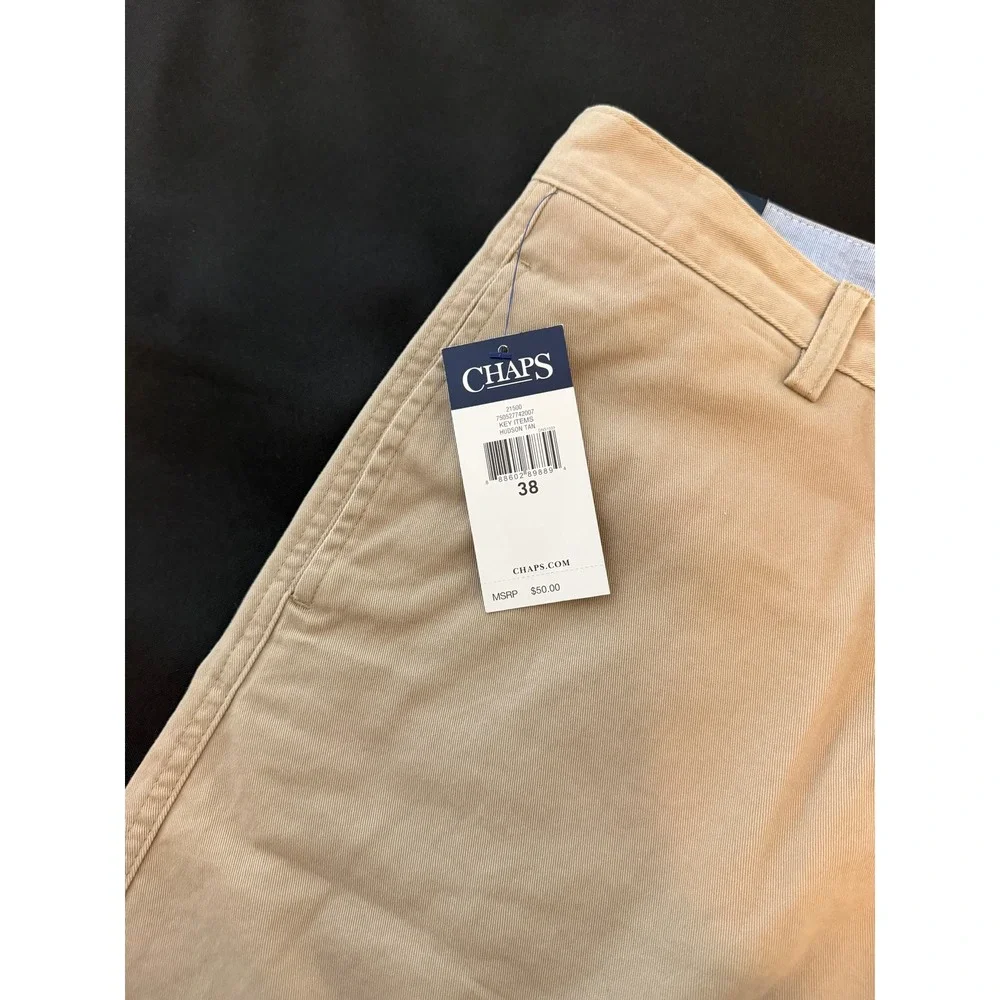Chaps Mens Tan Khaki Flat Front Cotton Twill Casual Shorts Size 38 NWT